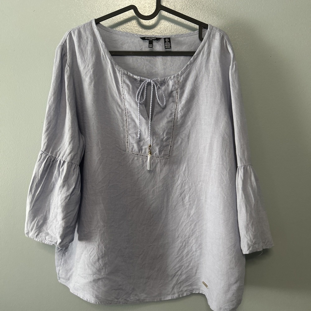 Ellen Tracy Blue 100% Linen Top Flared Sleeves Sz Large Boho Lagenlook
